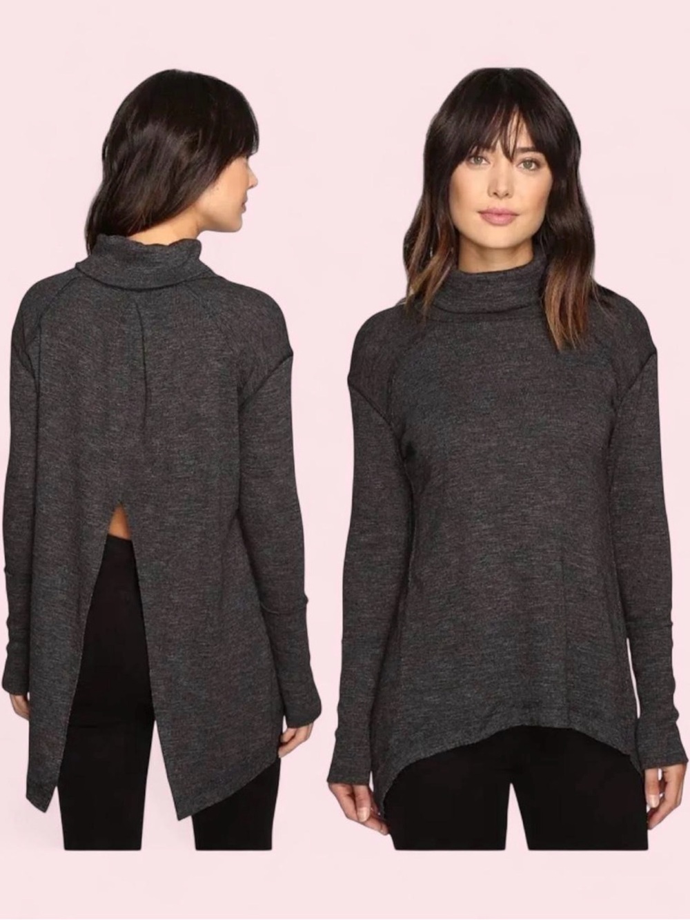 Free People We The Free Ribbed Thermal Top S Gray Waffle Knit Turtleneck Boho
